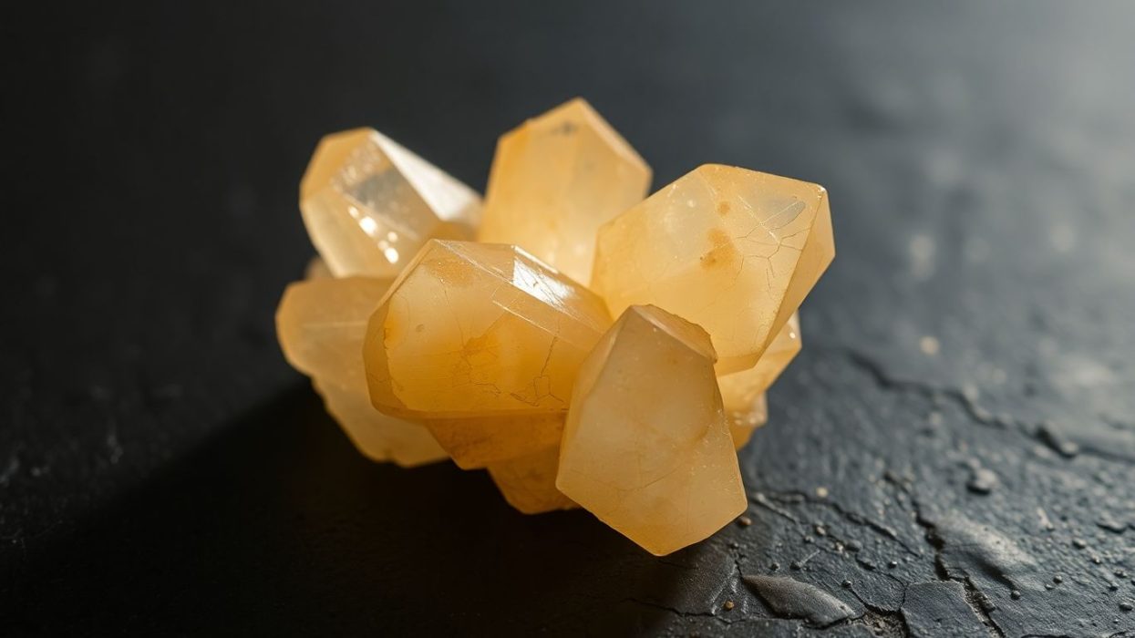 Translucent calcite crystal cluster with honey tones.