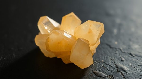 Translucent calcite crystal cluster with honey tones.