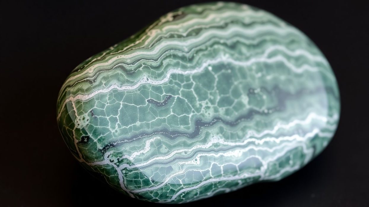 Polished seraphinite stone with green and silver feather patterns.