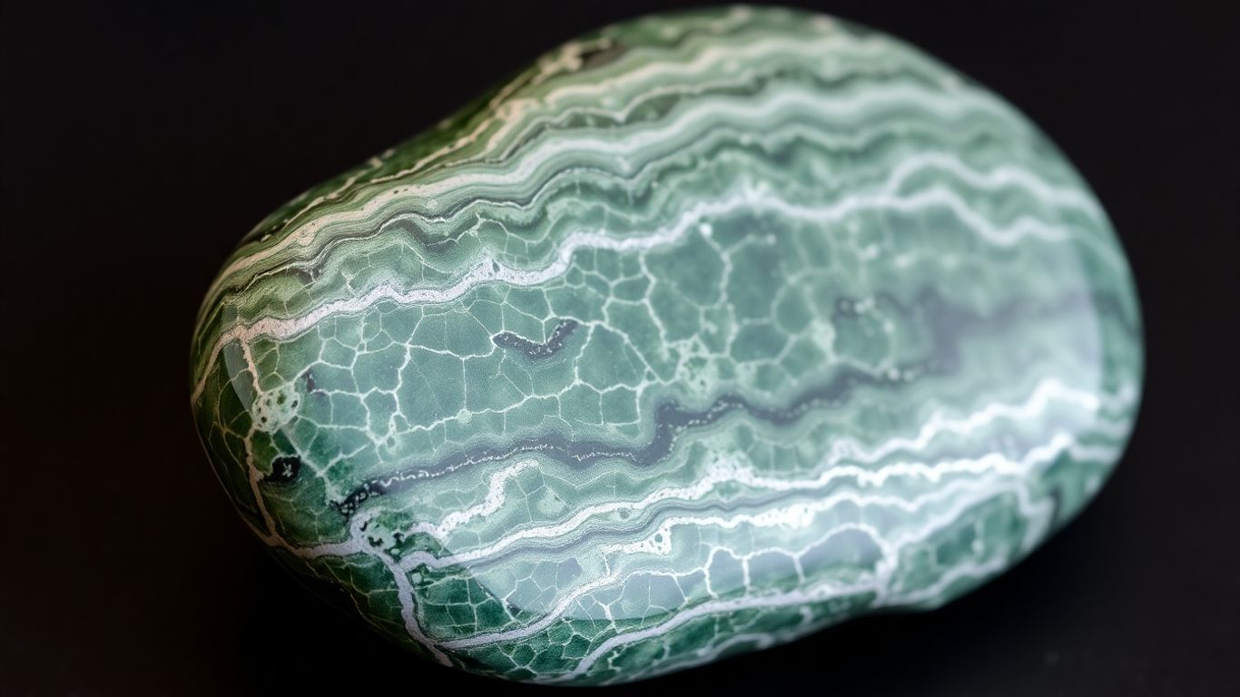Polished seraphinite stone with green and silver feather patterns.