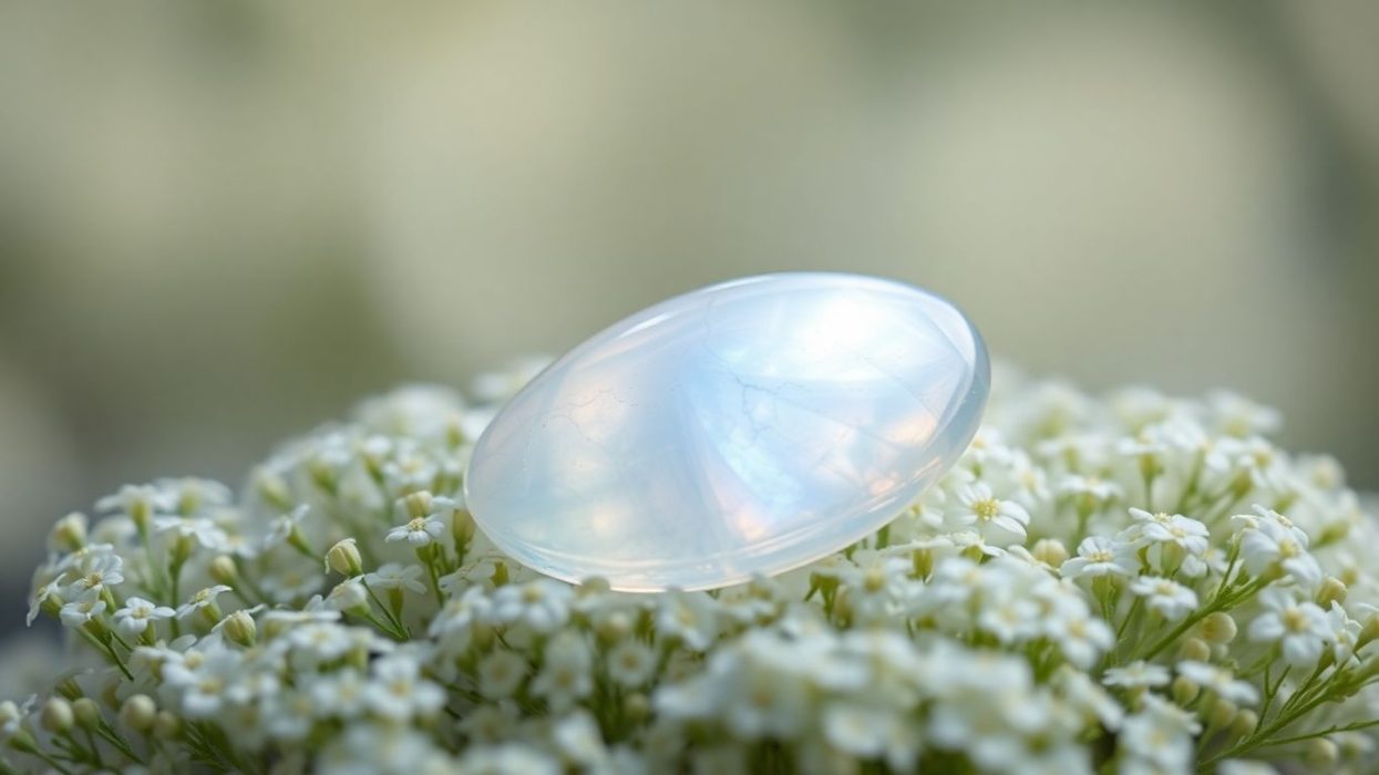 Luminous moonstone with blue iridescence on white flowers.