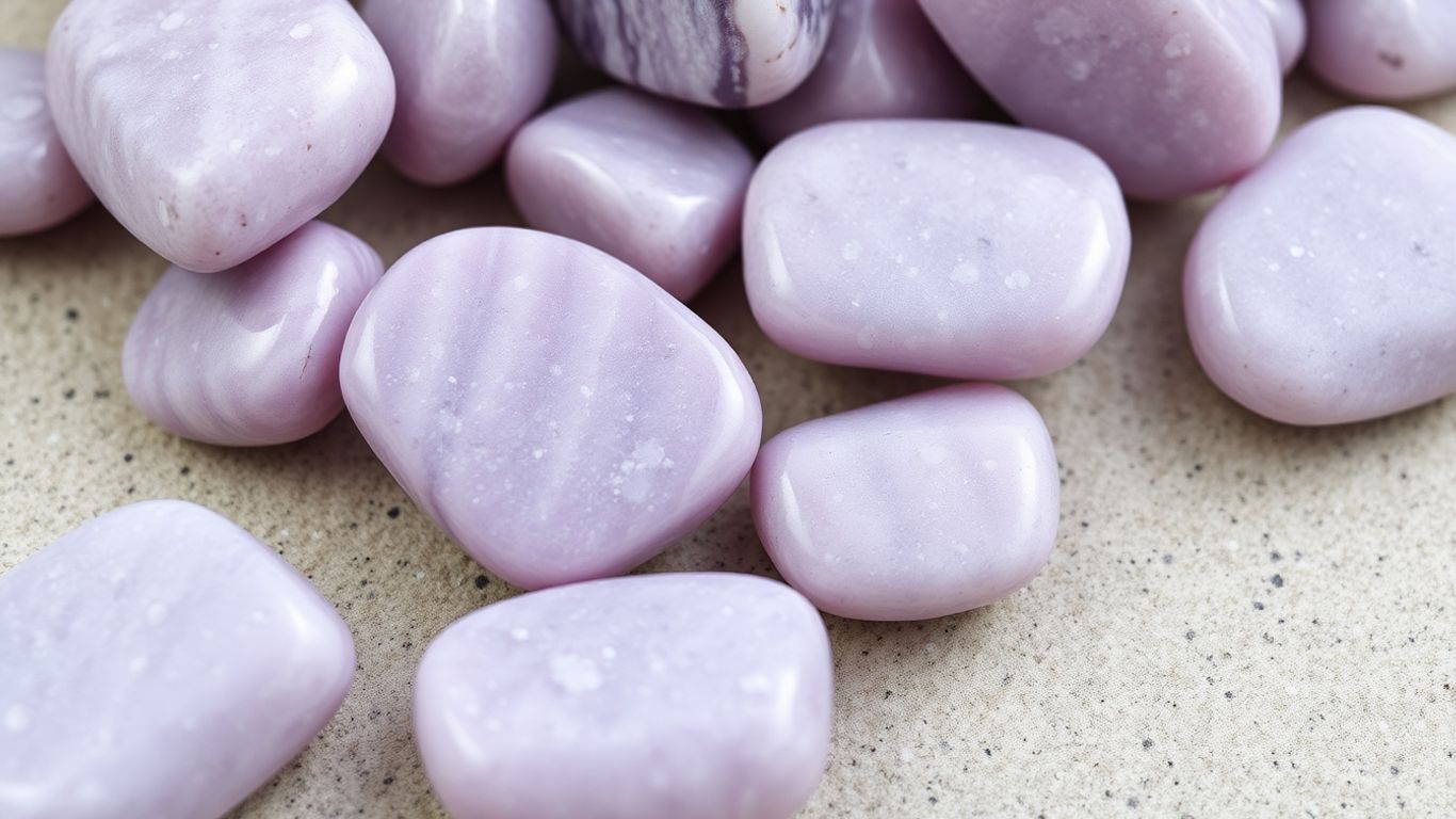 Polished lepidolite stones with lilac-purple hues.