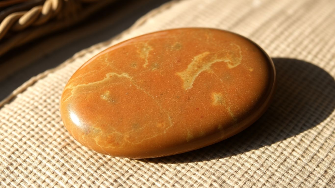 Polished jasper stone on natural surface, soft light.