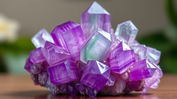 Vibrant fluorite crystal cluster with purple and green bands.