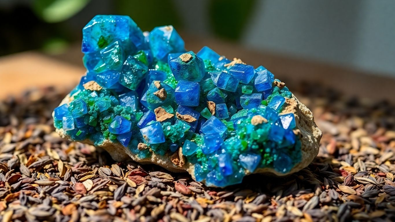 Azurite crystal cluster with herbs, ancient healing properties