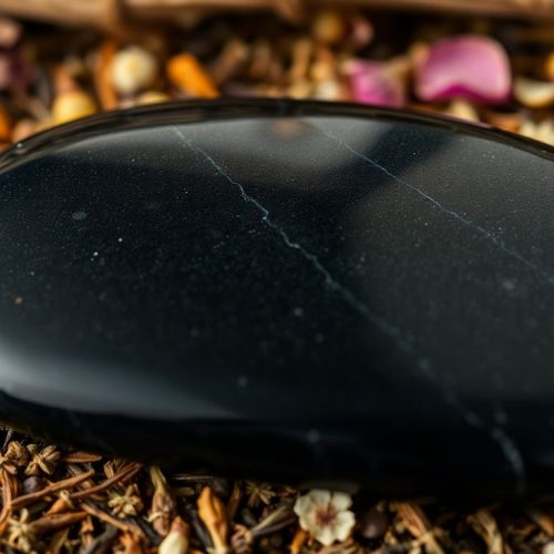 Polished black onyx stone with herbs and petals.