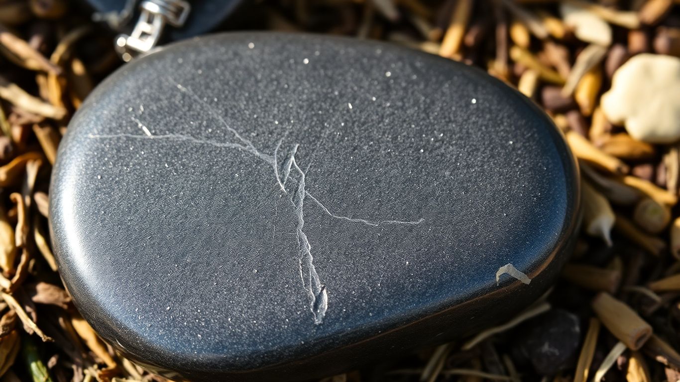 Polished hematite in TCM stone with metallic luster on herbs.