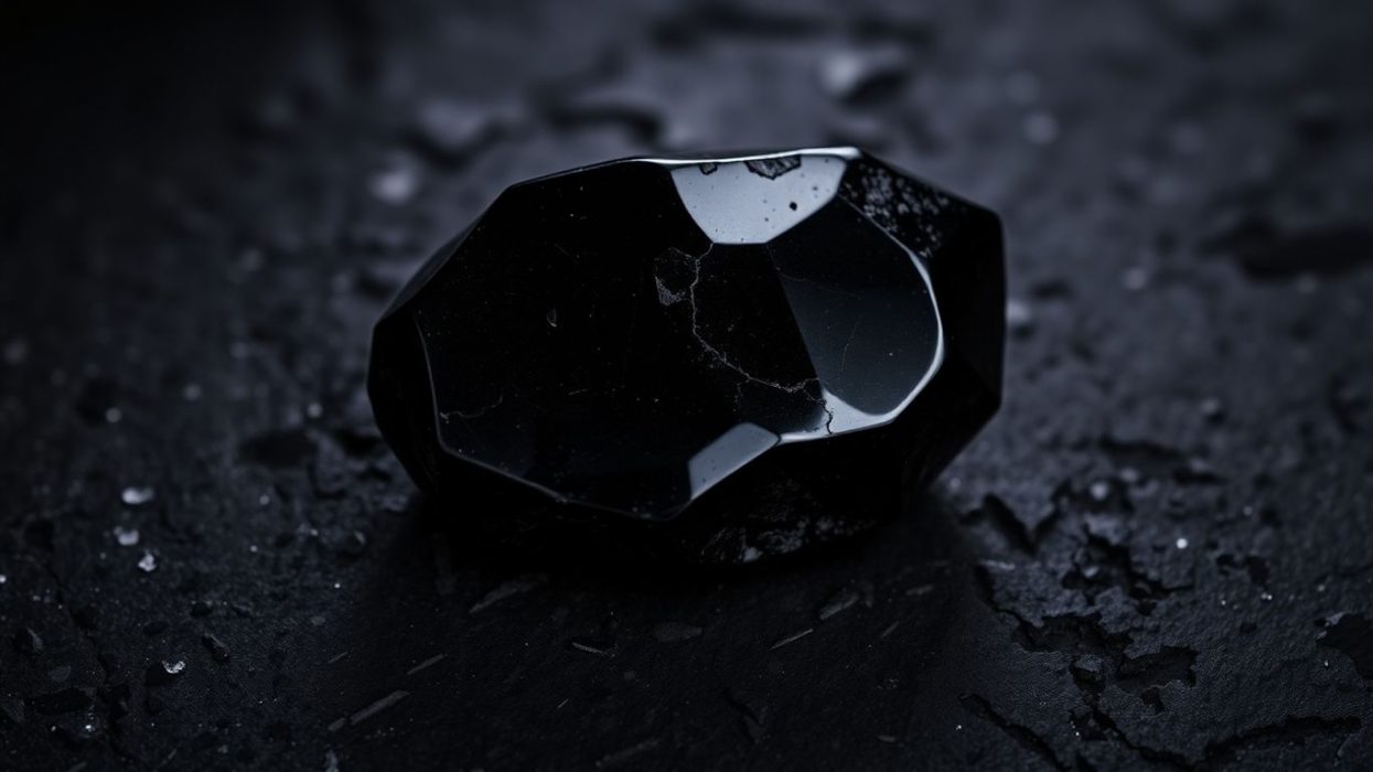 Polished black tourmaline in TCM stone on dark textured background.