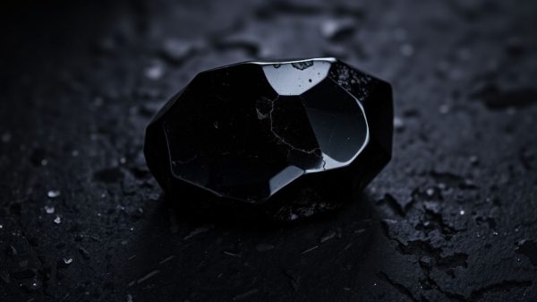 Polished black tourmaline in TCM stone on dark textured background.