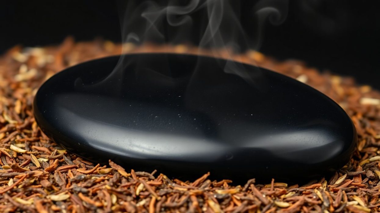 Polished obsidian stone with herbs, serene and grounding.