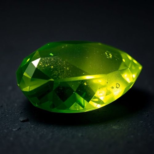 Green peridot gemstone on dark surface.