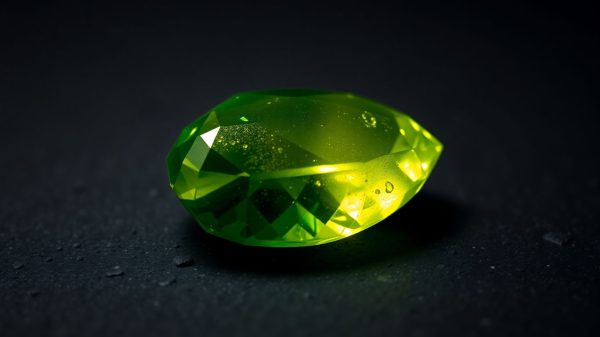 Green peridot gemstone on dark surface.
