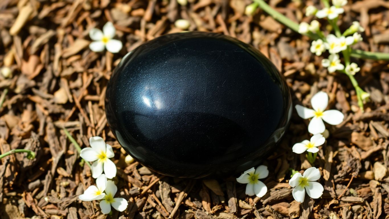 Black obsidian in TCM stone with herbs and flowers.
