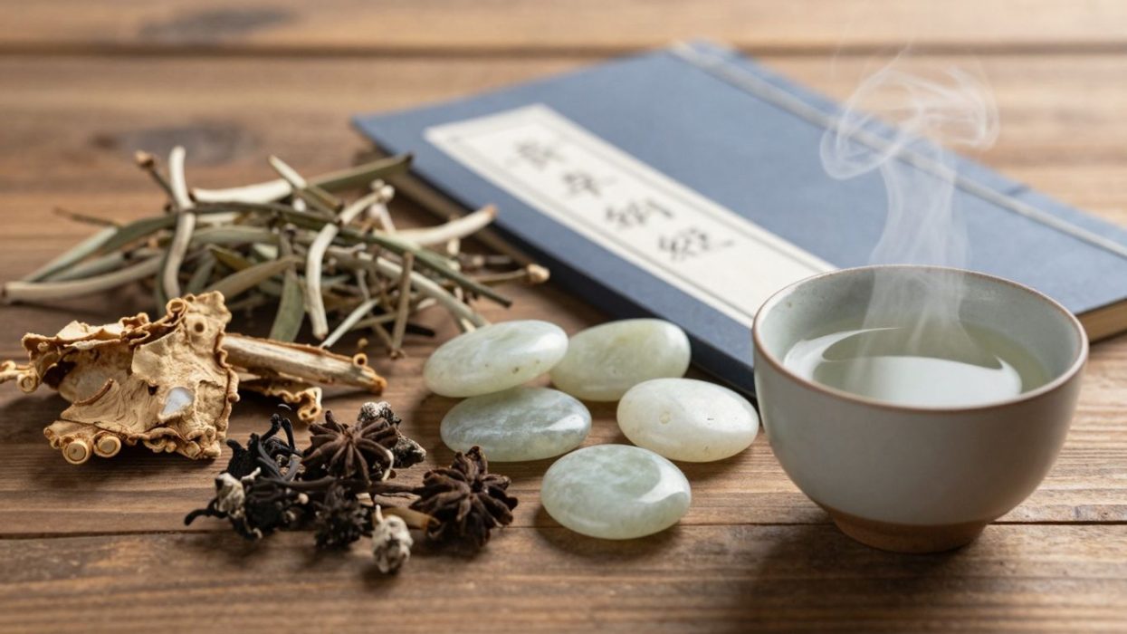 Traditional Chinese medicine herbs, jade stones, and tea.