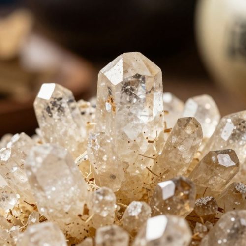 Antimony crystals with TCM herbs and containers.