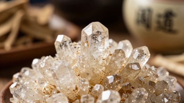Antimony crystals with TCM herbs and containers.