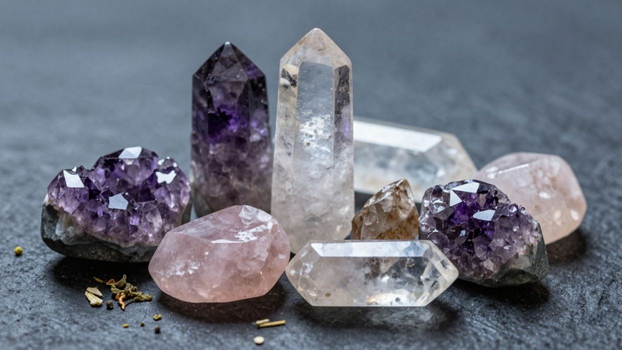 Healing crystals and herbs arranged for TCM application.