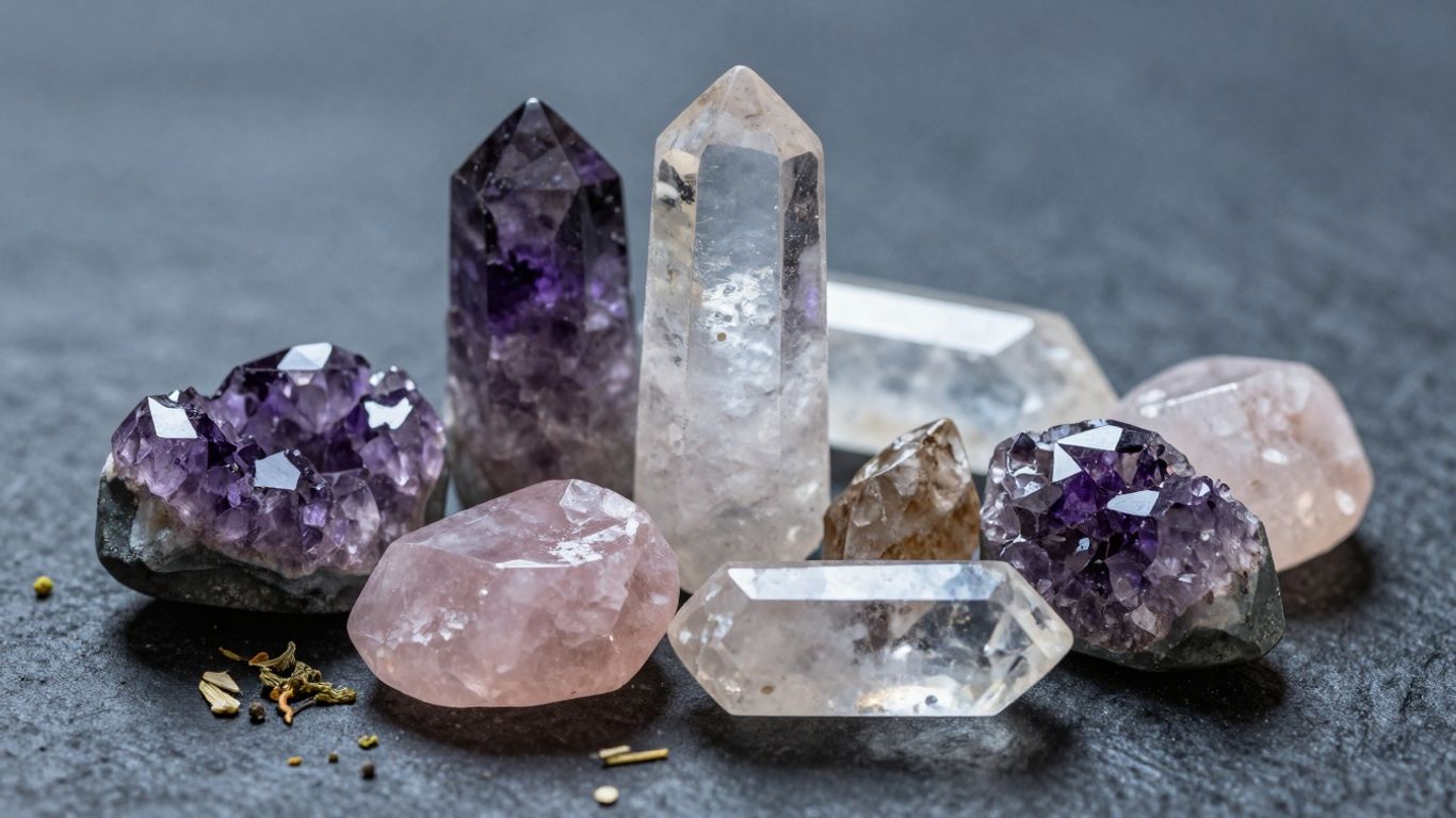 Healing crystals and herbs arranged for TCM application.