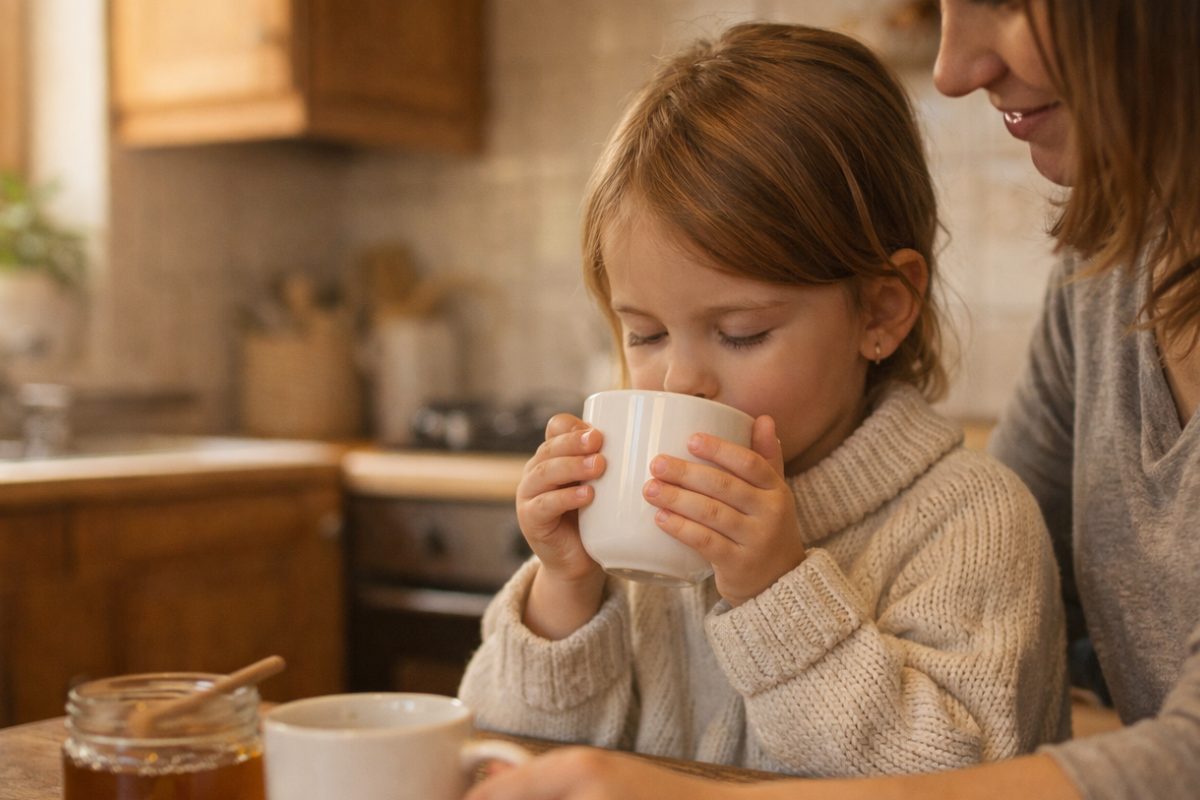 Child drinking a warm beverage with a parent in a calm, cozy kitchen setting