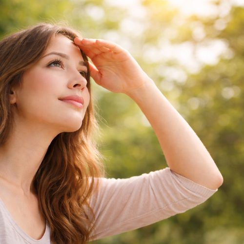 Woman shielding her eyes from sunlight while looking into the distance, reflecting floaters in your vision and liver health in TCM