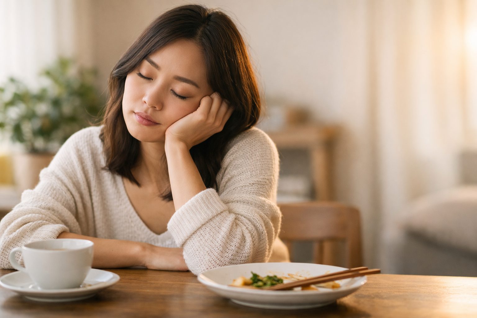 Woman feeling tired after eating, resting at table with tea in soft natural light