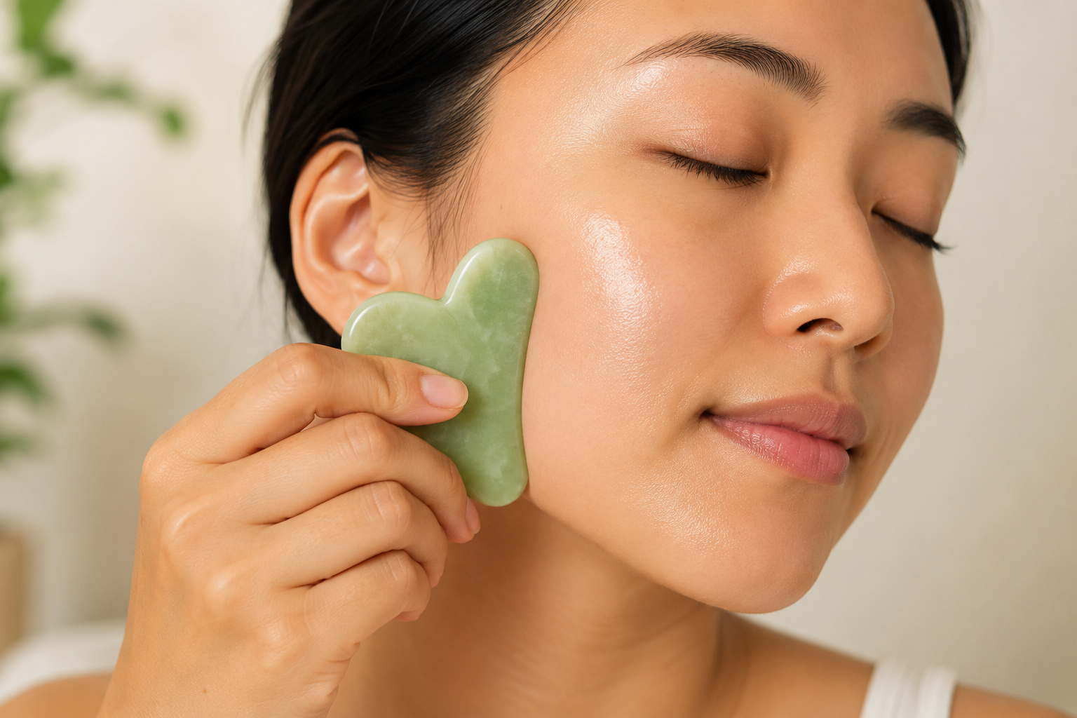 Woman gently using a green jade gua sha tool along her cheek during a facial gua sha practice.