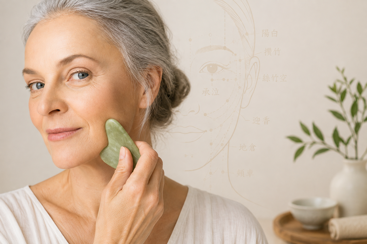 A woman gently performs facial gua sha with a jade stone while a subtle Traditional Chinese Medicine facial meridian illustration appears in the background, representing natural skincare and holistic wellness.