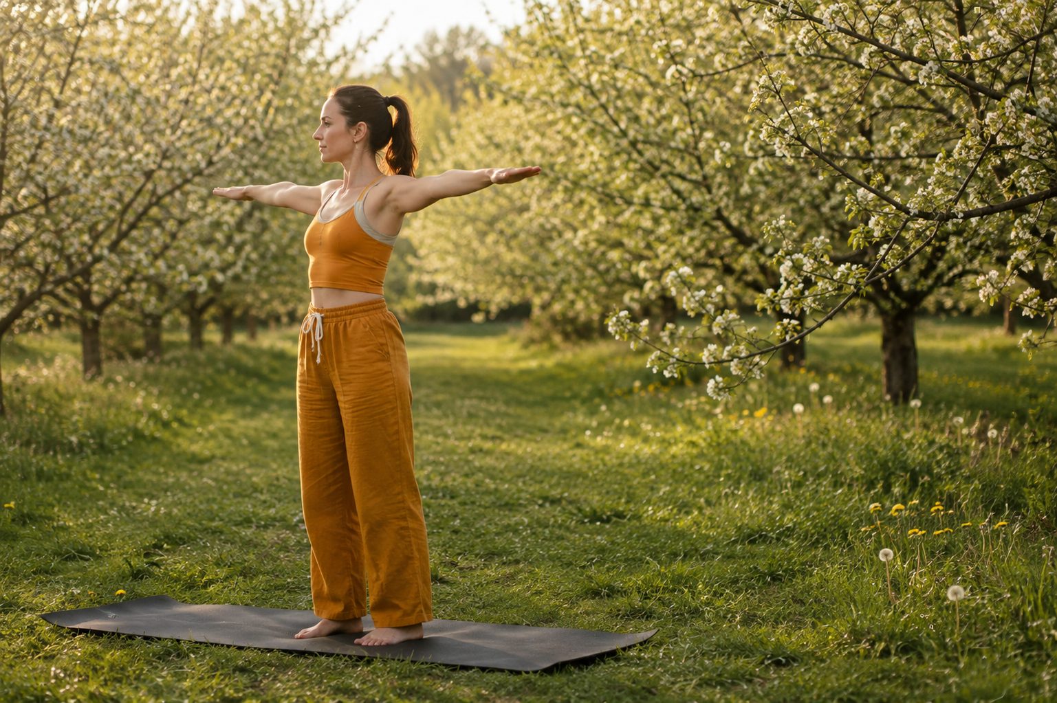 Person practicing the First Tibetan Rite with arms extended while standing in a flowering orchard, illustrating the opening movement of the Five Tibetan Rites.